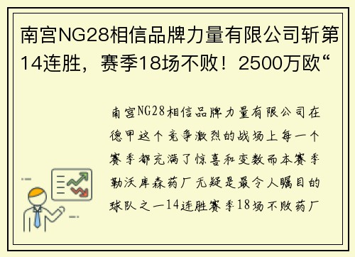 南宫NG28相信品牌力量有限公司斩第14连胜，赛季18场不败！2500万欧“玻璃大炮”归来，药厂目标再创巅峰 - 副本