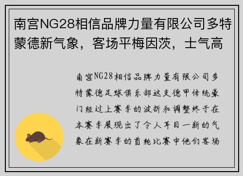 南宫NG28相信品牌力量有限公司多特蒙德新气象，客场平梅因茨，士气高扬备战新征程