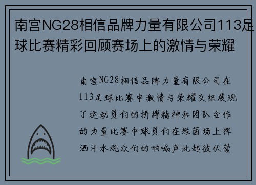 南宫NG28相信品牌力量有限公司113足球比赛精彩回顾赛场上的激情与荣耀交织的瞬间